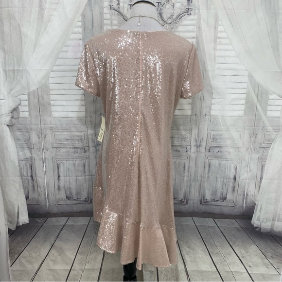 Eliza J Size 18 Blush Pink Sequin Asymmetric Ruffle Hem Short Sleeve Dress NEW - Picture 5 of 11